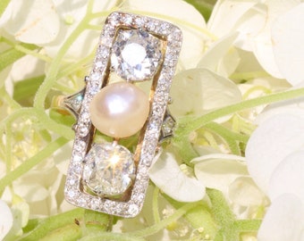 Large Impressive Belle Epoque Art Deco Diamond and Pearl Engagement Ring, 1920s - FREE Resizing*