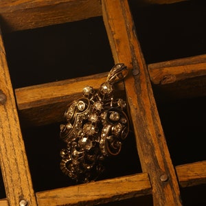 Impressive Antique Rose Cut Diamond Brooch Pendant With Black Enamel, 1830s