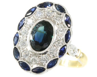 Stylish Art Deco Style Diamond and Natural Sapphire Engagement Ring, 1950s - FREE Resizing*