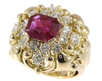 Wolfers Made Vintage Fifties Diamond Ring with Large 3.40 Carat Untreated Natural Ruby, 1950s - FREE Resizing*