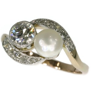 Romantic Antique 14k Gold Engagement Ring with Diamonds and Pearl, 1900s - FREE Resizing*