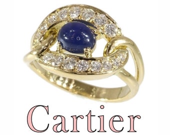 Vintage Cartier Cabochon Sapphire and Diamonds 18 Karat Yellow Gold Ring, 1990s - FREE Resizing*