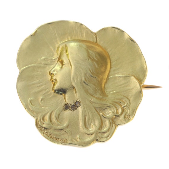 Art Nouveau Gold Lady s Head Brooch Signed Rasumny 1900s Etsy