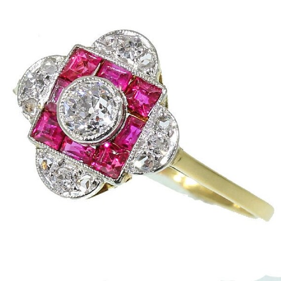 Ruby Diamond Yellow Gold Art Deco Engagement Ring,