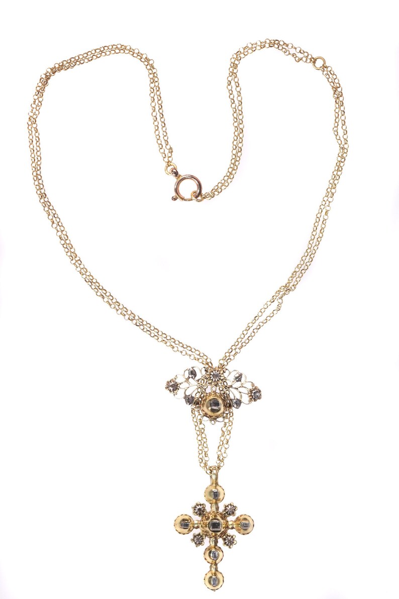 18th Century Gold and Diamond Cross on Necklace With Table Rose Cut ...