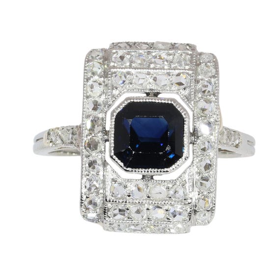 Circa 1930 Art Deco sapphire ring framed by fifty rose cut diamonds View 5