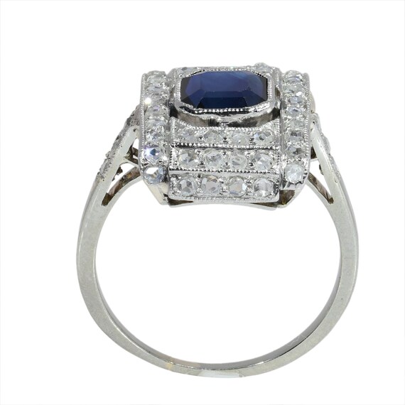 Circa 1930 Art Deco sapphire ring framed by fifty rose cut diamonds View 4