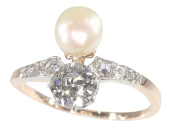 Vintage antique diamond and pearl engagement ring made around 1895