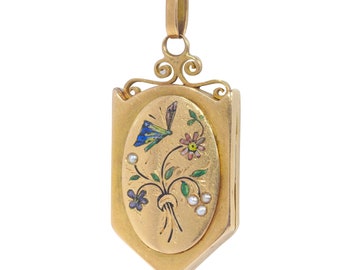 Antique 18K French gold locket with enamel work butterfly on flowers