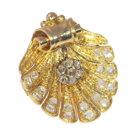 Vintage antique 18K gold shell brooch set with ro… - image 3