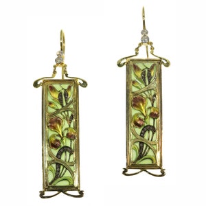 Plique Ajour Enamel Art Nouveau Stained Glass Window Earrings Emaille a Fenetre, 1900s