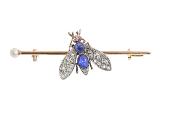 Circa 1900 French Victorian Fly Brooch with Diamonds, Sapphires, Rubies and Pearl View 3