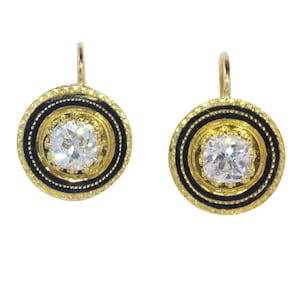 Vintage early Victorian 18K gold enameled earrings with old mine cut brilliants