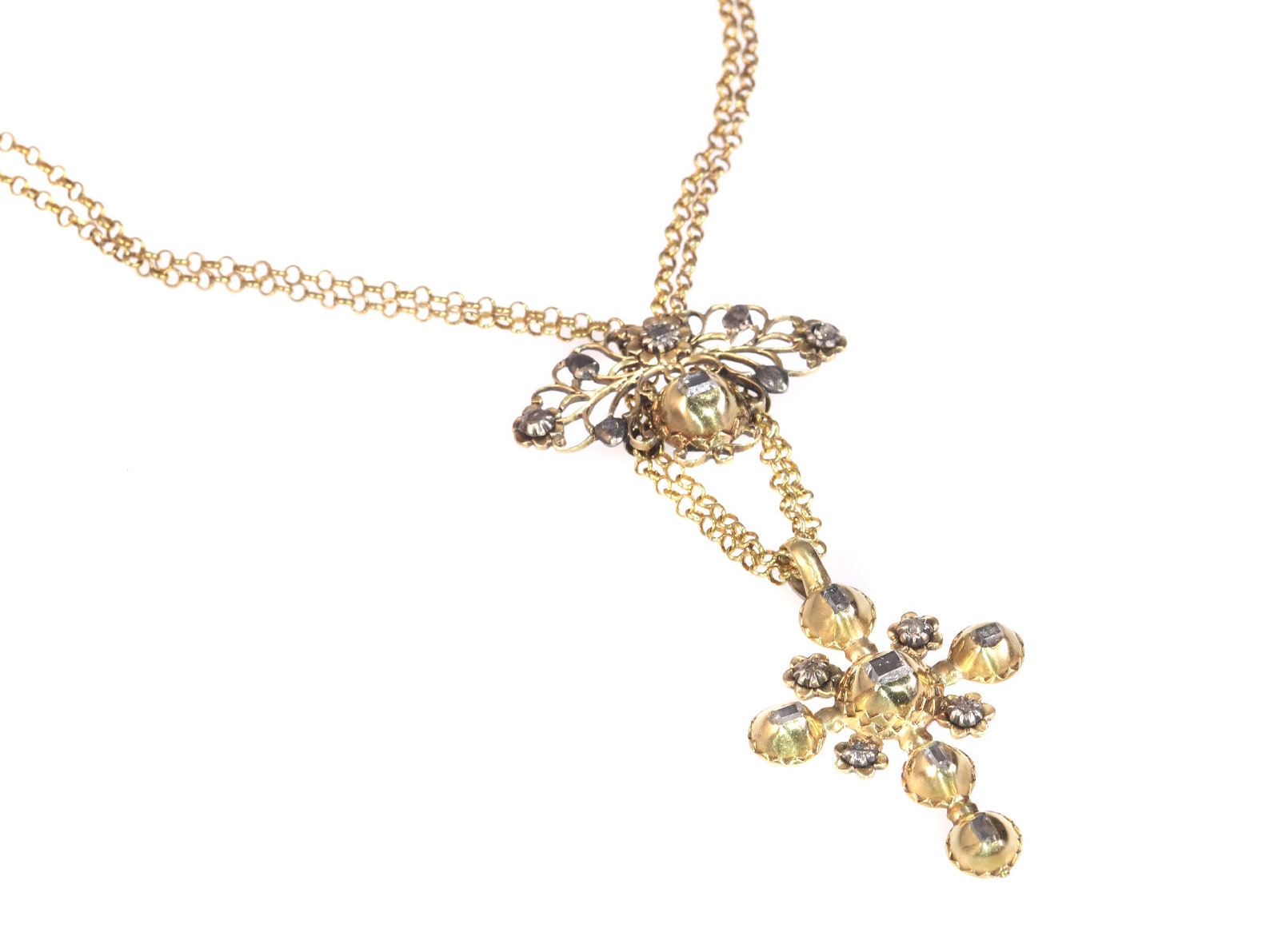 18th Century Gold and Diamond Cross on Necklace With Table Rose Cut ...