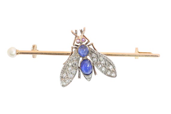 Circa 1900 French Victorian Fly Brooch with Diamonds, Sapphires, Rubies and Pearl View 2