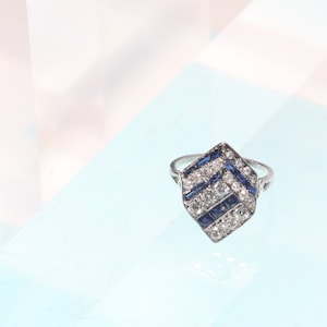 Vintage Art Deco Ring Diamonds and Sapphires 18K White Gold, 1920s - FREE Resizing*