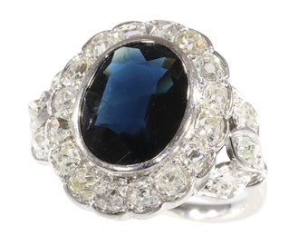 French Art Deco Belle Epoque Engagement Ring with Diamonds and Sapphire, 1925s - FREE Resizing*