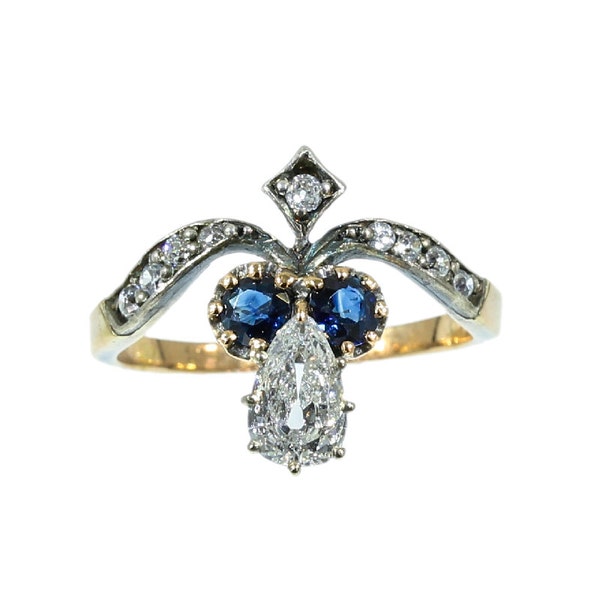 Antique Diamond Ring pear shape diamond sapphire rose gold Victorian ring circa 1870 for sale