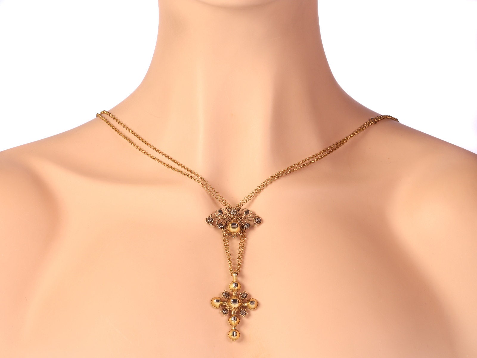 18th Century Gold and Diamond Cross on Necklace With Table Rose Cut ...
