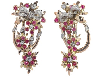 Vintage 1950's Retro pendent earrings with diamonds and rubies