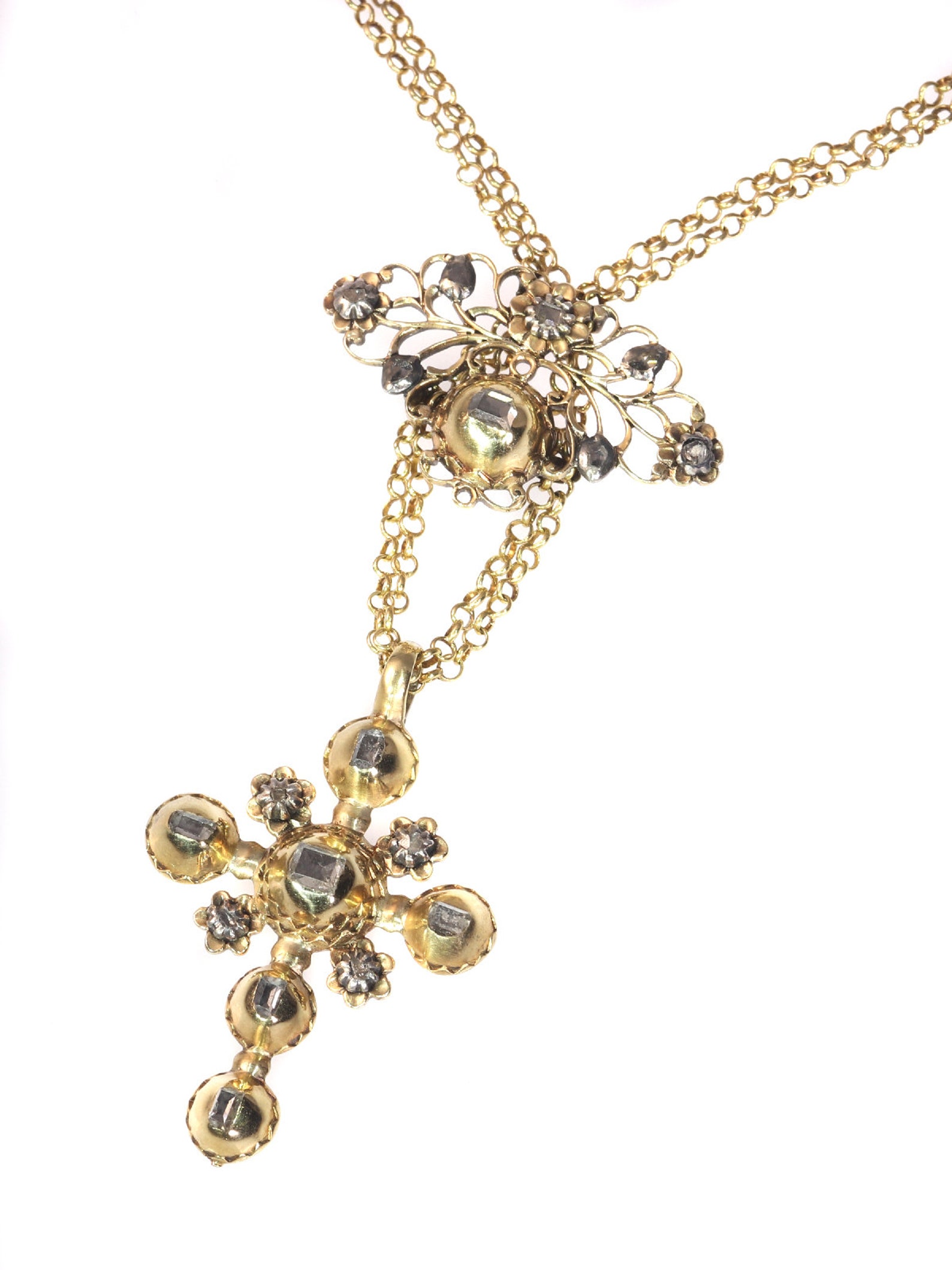 18th Century Gold and Diamond Cross on Necklace With Table Rose Cut ...