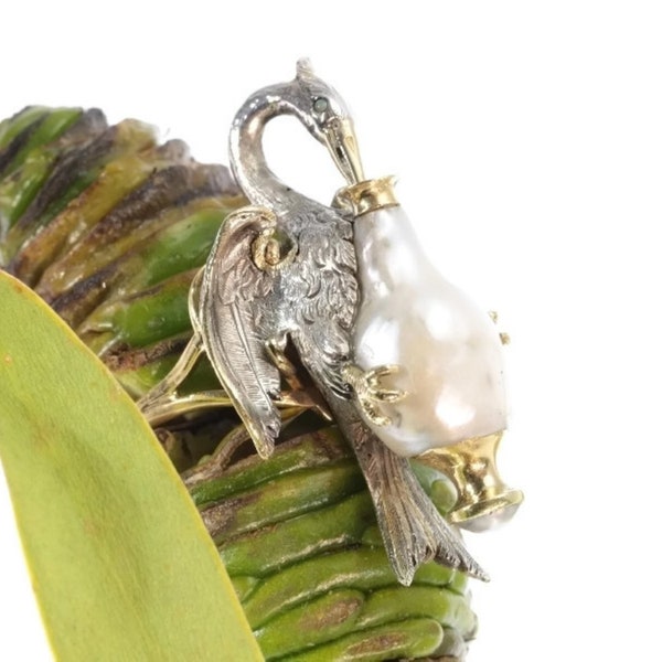 French Antique Baroque Pearl Silver 18 Karat Yellow Gold Aesop Fable Stork Ring, 1850s - FREE Resizing*