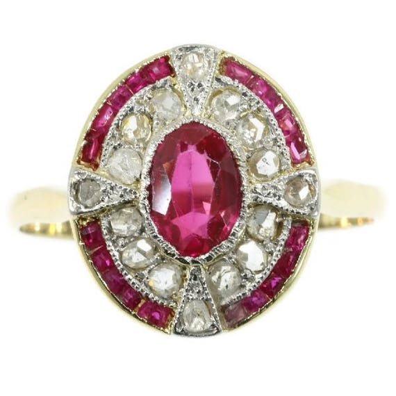 Art Deco diamond ruby ring 18k yellow gold rubies