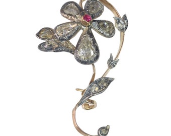 Vintage antique Victorian flower branch brooch set with large pear shaped rose cut diamonds