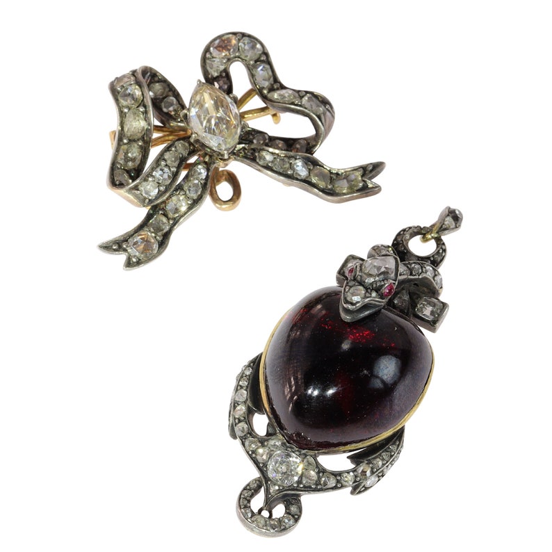 Victorian Antique Garnet and Diamond Snake Pendant Brooch, 1830s imagen 6