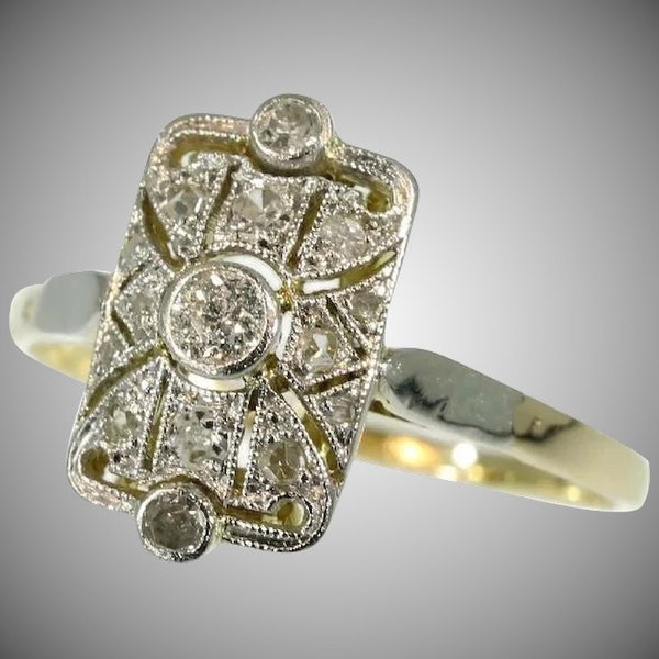 Center diamond engagement ring rectangular 18k yellow gold old European cut diamond .10ct diamonds .12ct Art Deco 1920s ring