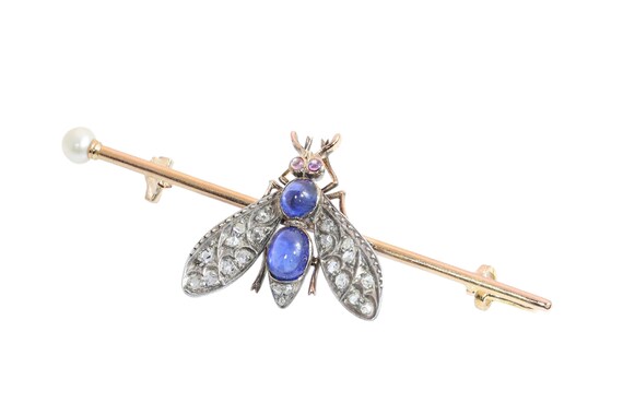 Circa 1900 French Victorian Fly Brooch with Diamonds, Sapphires, Rubies and Pearl View 4