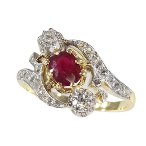 Vintage French Belle Epoque diamond and natural ruby cross-over engagement ring