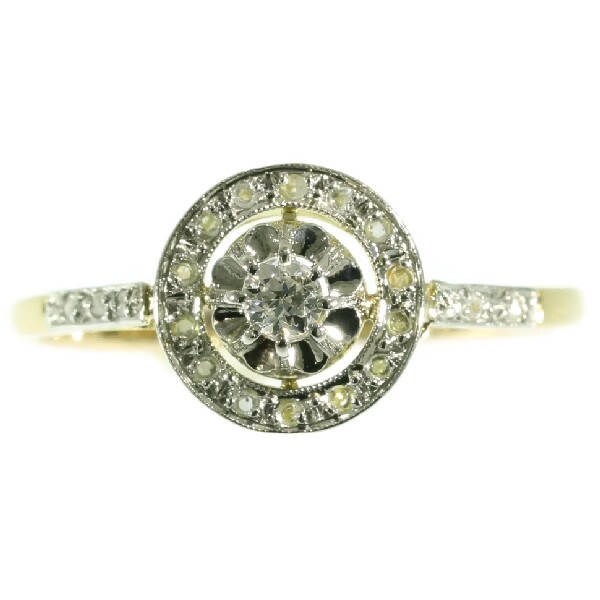 Diamond Ring, Art Deco engagement ring round shape 18k yellow gold old European cut diamond .10ct rose cut diamonds 1920s ring