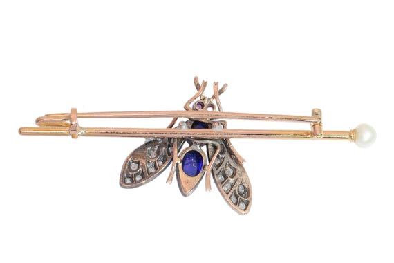 Circa 1900 French Victorian Fly Brooch with Diamonds, Sapphires, Rubies and Pearl View 6