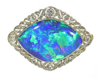 Vintage Belle Epoque Dutch 18K diamond brooch with truly magnificent black opal