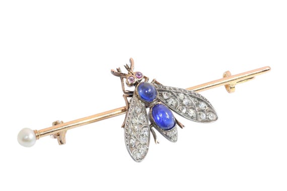 Circa 1900 French Victorian Fly Brooch with Diamonds, Sapphires, Rubies and Pearl View 5