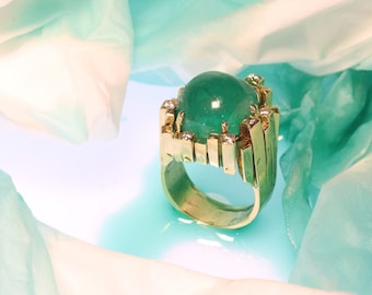 Vintage Seventies Modernistic Artist Design Ring with Large Emerald and Diamonds, 1970s - FREE Resizing*