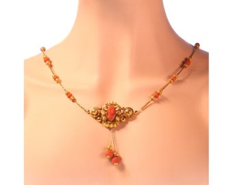 French Antique Gold and Coral Cameo Necklace, 1850s