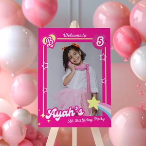Fashion Doll Birthday Photo Welcome Sign, Hot Pink Party Decorations, Editable Girl’s Welcome Poster