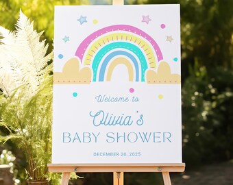 Pastel Rainbow Baby Shower Welcome Sign, Spring Garden Party Decor, Editable Shower Poster 16x20