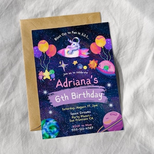 Blast Off Outer Space Birthday Invitation 5x7, Galaxy Girl Party, Little Explorer Astronaut Theme