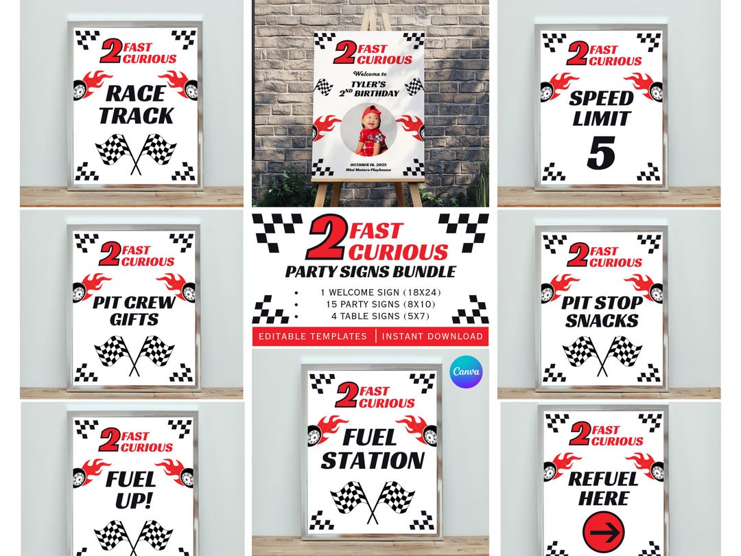 Editable Race Car Birthday Party Signs Bundle, 2 Fast 2 Curious, Boy ...
