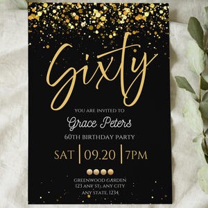 Black and Gold 60th Invitation, Dinner Party Invite, 60th Birthday Women, Sixty Birthday Invitation, Cheers to 60 Years, Black Party Invite