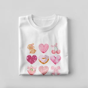 Niedliches Trendy Fruit & Hearts Print, Pink Aquarell Coquette Bow T-Shirt, Kirsche mit Band Kinderbekleidung, Coquette Bunny Digital Download