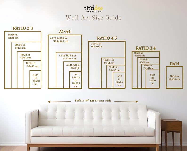 May include: Wall art size guide with dimensions in inches and centimeters. Displays various aspect ratios, including 2:3, 4:5, and 3:4, with corresponding sizes. A white sofa is positioned below the guide, with a wooden side table.