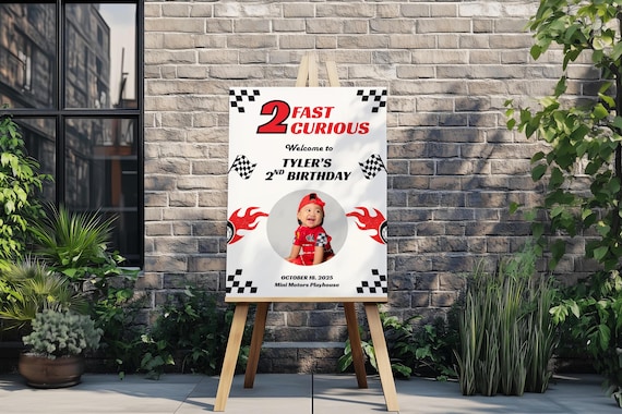Race Car Birthday Photo Welcome Sign, 2 Fast 2 Curious Party Decor, Editable Racing Theme Poster, Boys 2nd Birthday Decoration