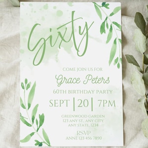 Boho Dinner Party einladen, 60. Geburtstag Einladung Set von 2, Save the Date Einladung, Blumen 60. Geburtstagskarte, Sage Green Sixty Invite