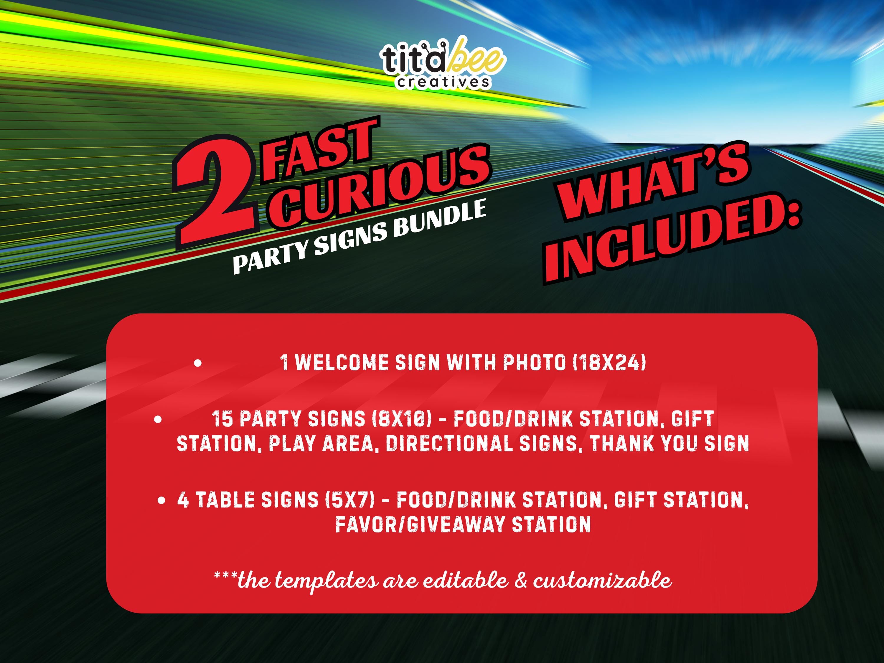 Editable Race Car Birthday Party Signs Bundle, 2 Fast 2 Curious, Boy ...