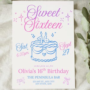 Faire-part modifiable Sweet 16, invitation anniversaire Sweet Sixteen, carte 16e anniversaire Doodle, décoration fête 16, modèle d'invitation fête filles