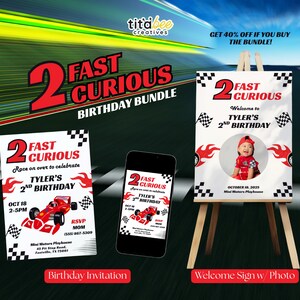 Race Car Birthday Welcome Sign with Photo, 2 Fast 2 Curious Party Decor, Editable Racing Theme Poster, Boys 2nd Birthday Decoration